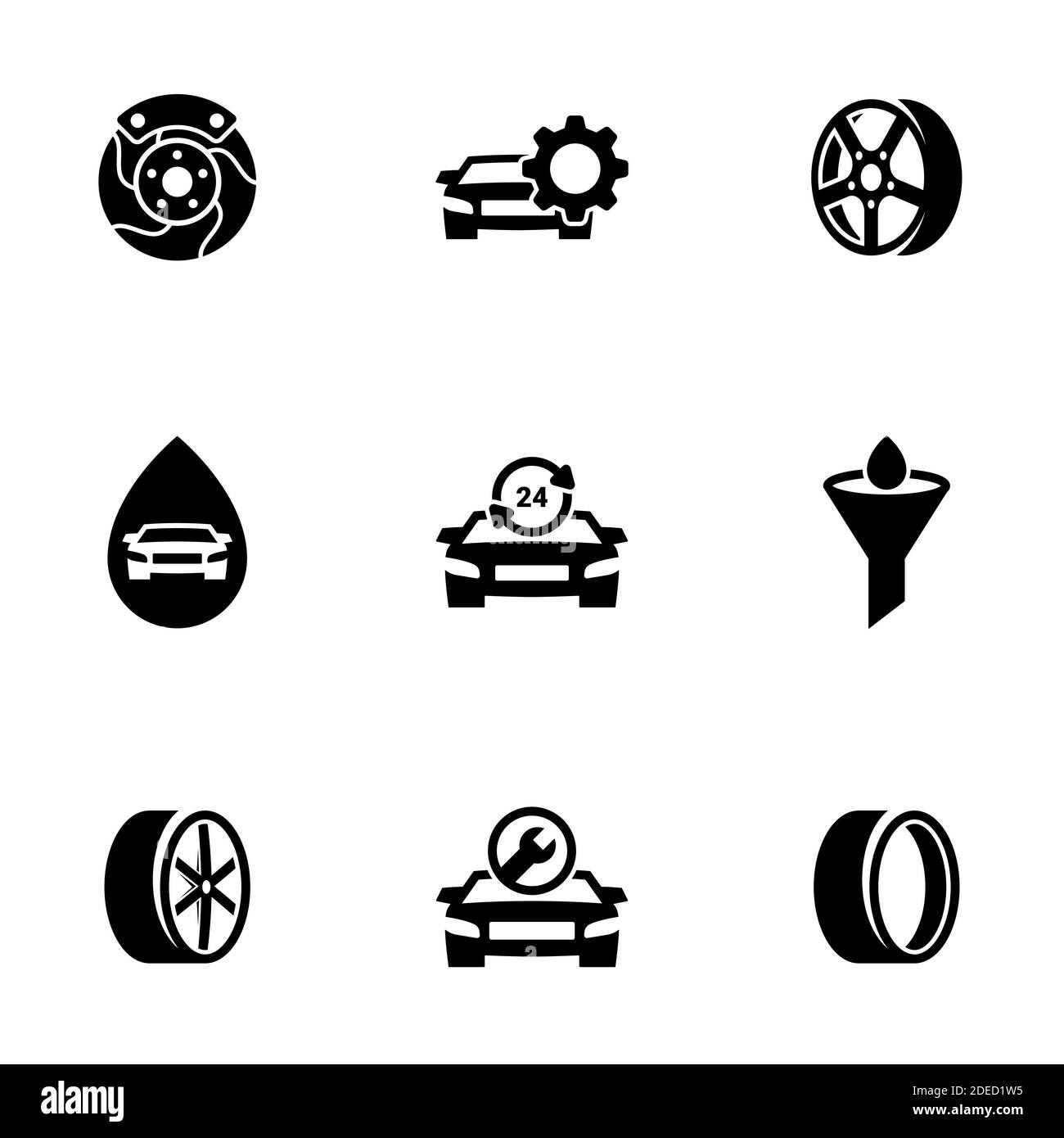 Insieme di icone semplici su un tema Servizio di automobile, vettore, disegno, collezione, piatto, segno, simbolo, elemento, oggetto, illustrazione, isolato. Sfondo bianco Illustrazione Vettoriale