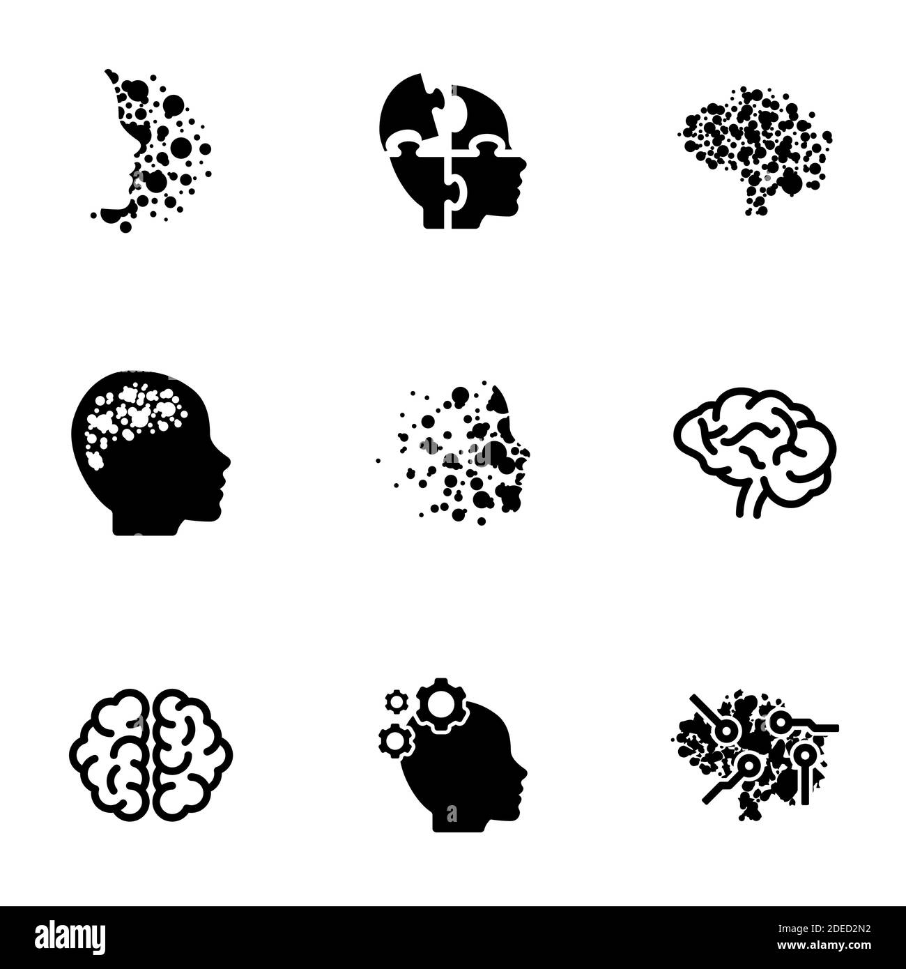 Insieme di icone nere isolate su sfondo bianco, sul tema cervello Illustrazione Vettoriale