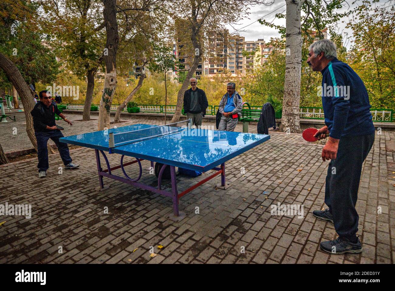 Uomini iraniani che si riposano giocando a ping pong nel Parco El-Golu, Tabriz, Azerbaigian orientale, Iran Foto Stock