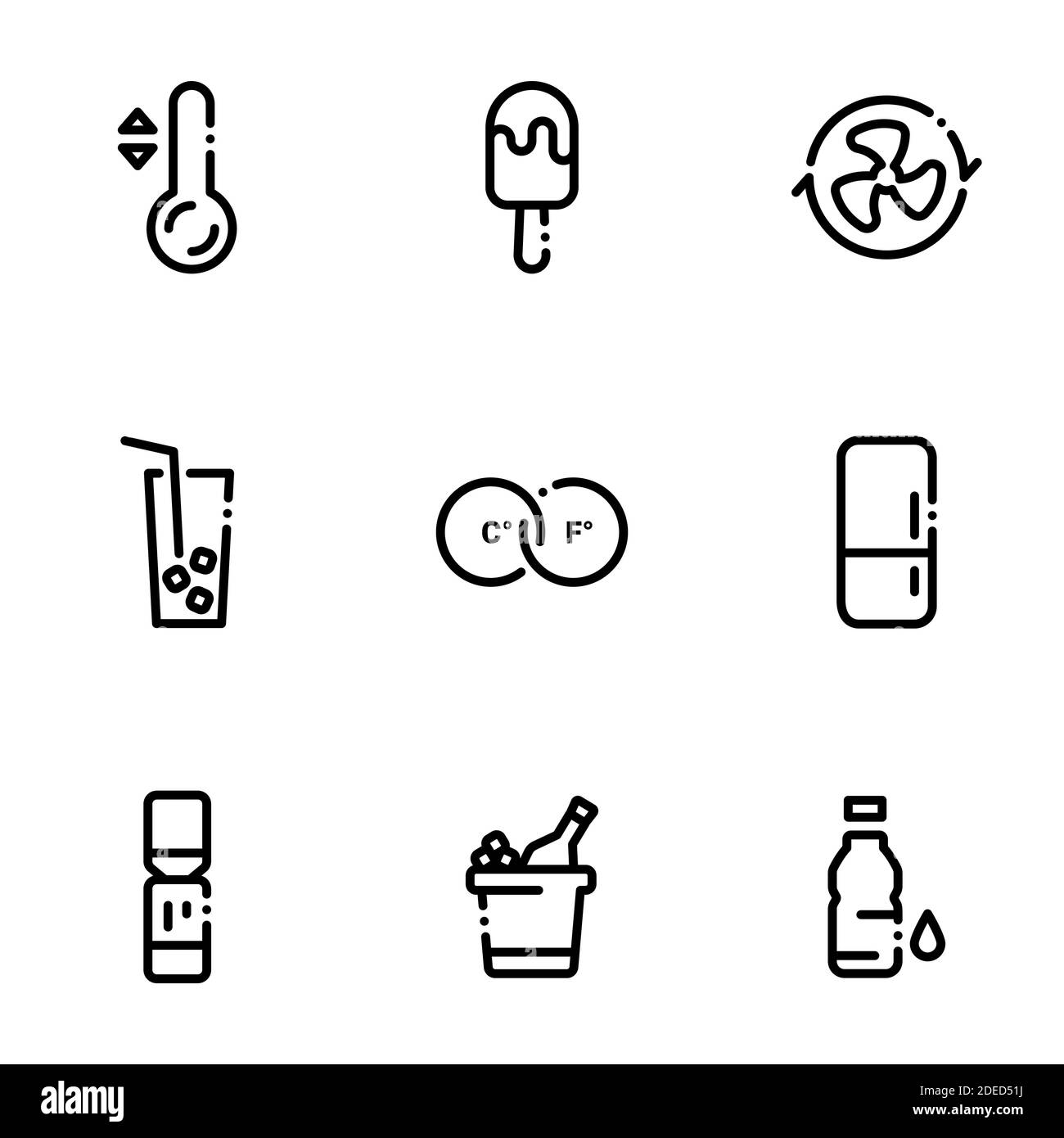 Set di icone nere isolate su sfondo bianco, sul tema bevande fredde, gelato e sistemi di raffreddamento Illustrazione Vettoriale