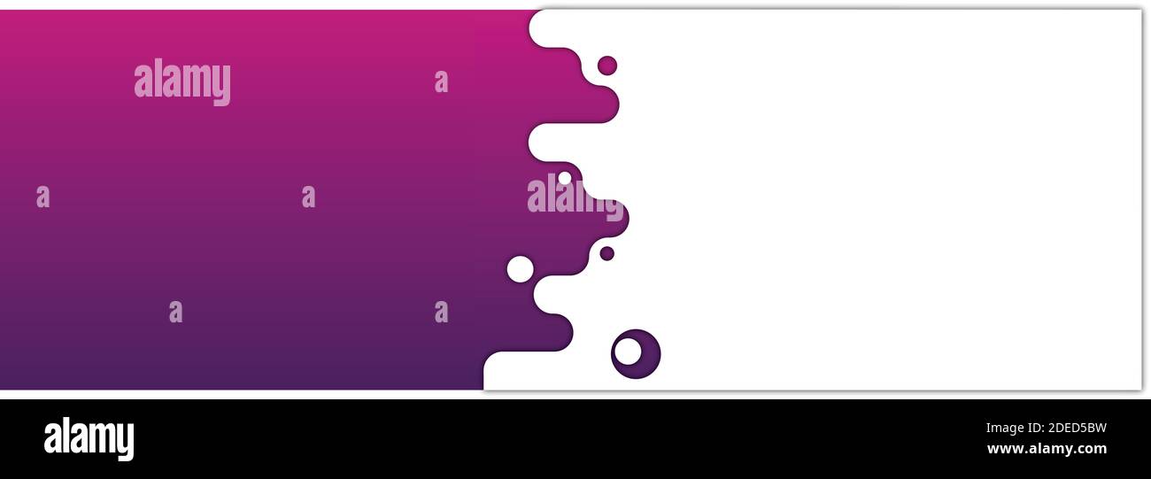 Viola e rosa. Banner orizzontale, volantino con design moderno ed elegante e copyspace per la pubblicità o l'offerta. Schizzi Neoned, gocce fluide nei colori di gradiente. Volantino per la promozione. Design, grafica. Illustrazione Vettoriale