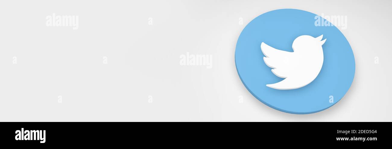 minsk, bielorussia - 23.10.2020. Twitter uccello stampato su blu. sfondo di rendering 3d Foto Stock