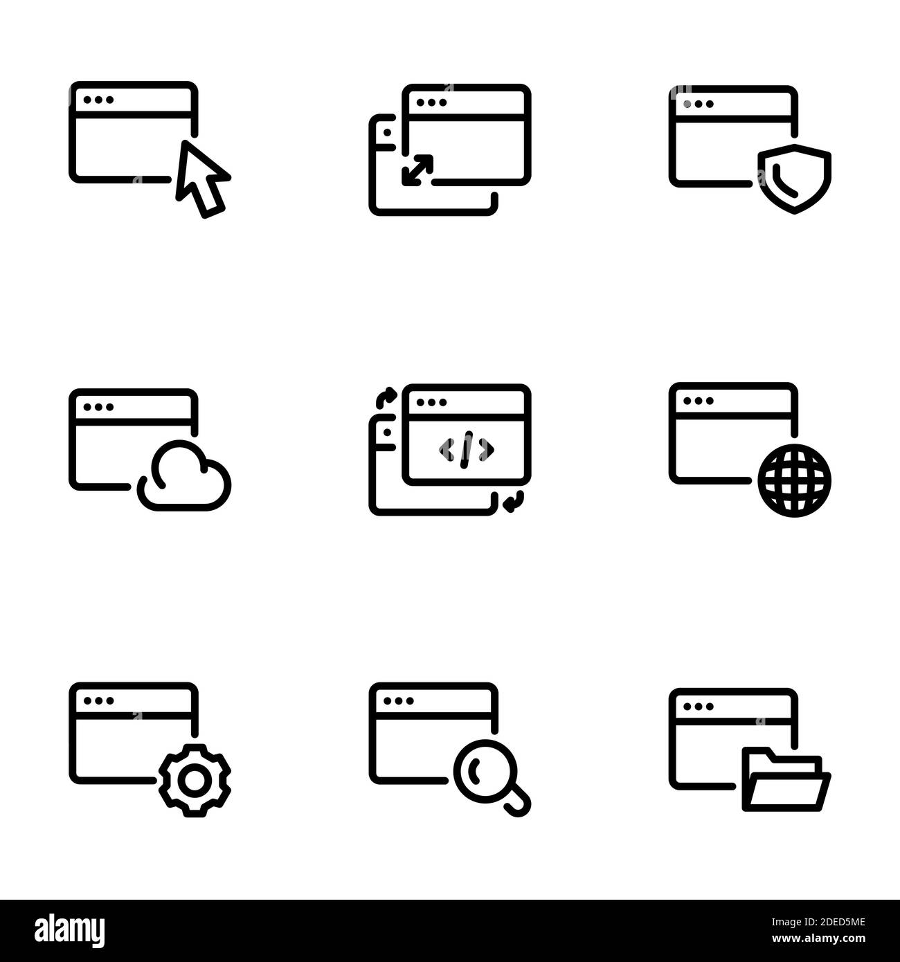 Insieme di icone nere isolate su sfondo bianco, nel browser dei temi Illustrazione Vettoriale