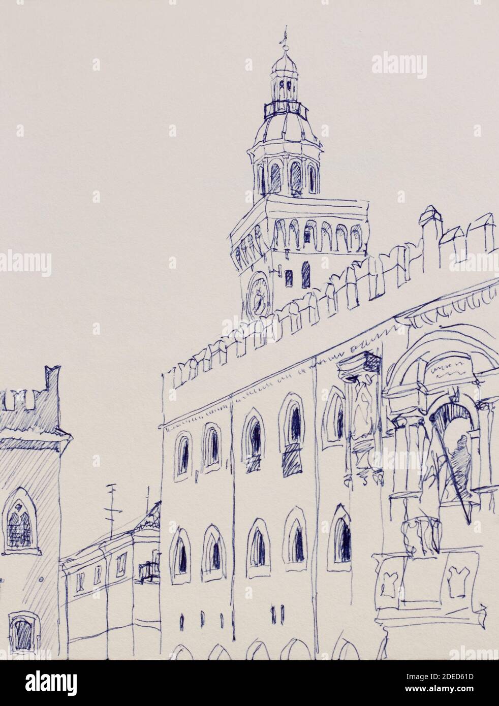 Disegno lineare architettonico a Bologna, Italia, piazza maggiore  medievale, disegno originale a penna Foto stock - Alamy
