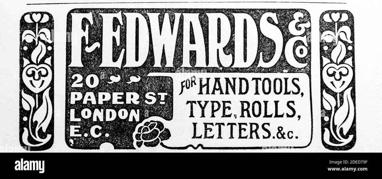 F Edwards and Co, 20 Paper Street, Londra, E.C per attrezzi manuali, tipo, rotoli, lettere ecc. Annuncio vintage degli inizi del XX secolo Foto Stock