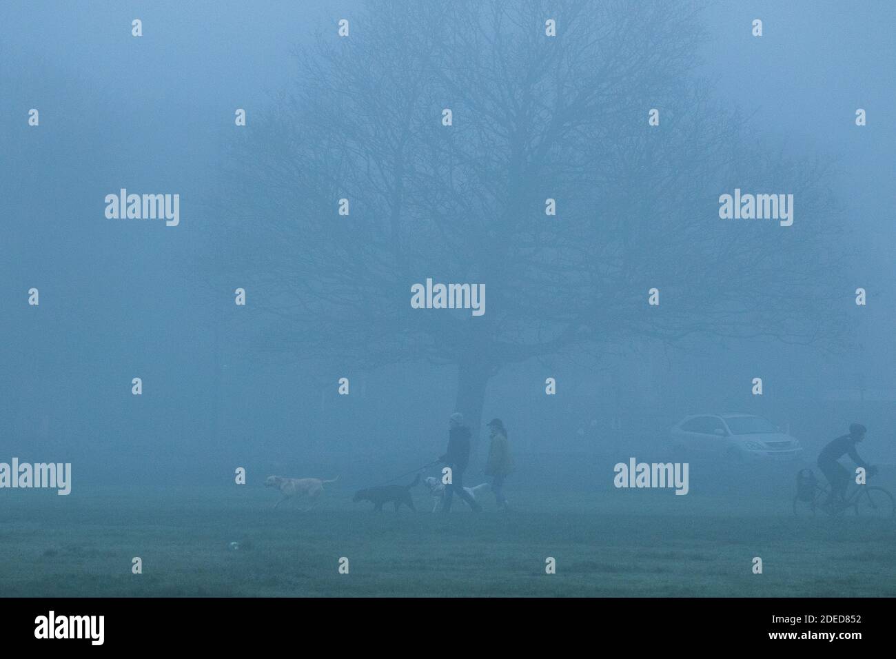 WIMBLEDON LONDRA 30 novembre 2020. Le persone che camminano attraverso la fitta nebbia gelida la mattina presto su Wimbledon comune come le temperature sono impostate per scendere nei prossimi giorni. Credit: amer Ghazzal/Alamy Live News Foto Stock