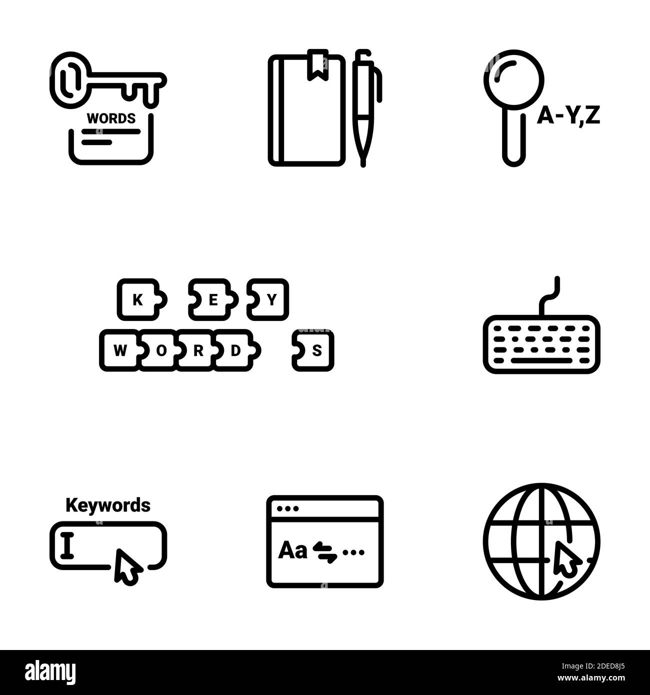 Insieme di icone vettoriali nere, isolate su sfondo bianco, sul tema Seleziona parole chiave Illustrazione Vettoriale