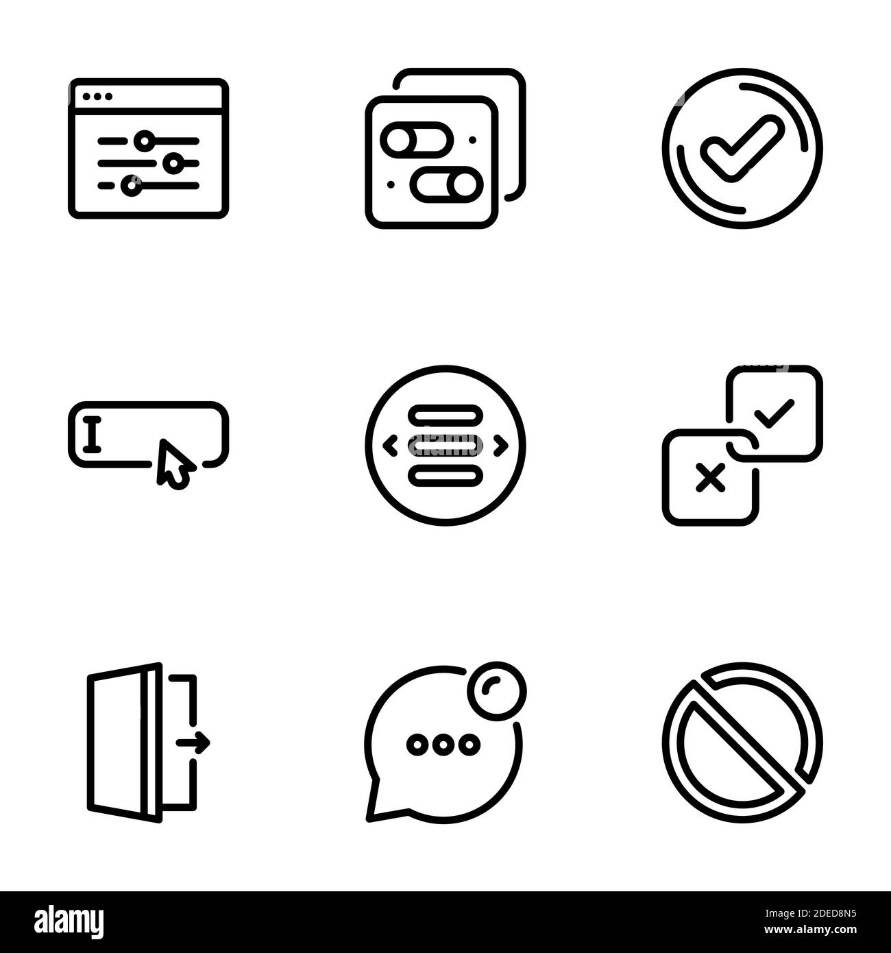 Insieme di icone vettoriali nere, isolate su sfondo bianco, su elementi tematici dell'interfaccia, pulsanti e puntatori Illustrazione Vettoriale