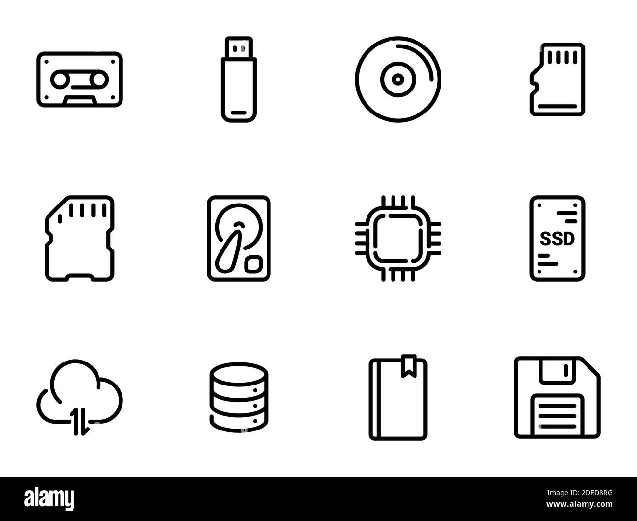 Set di icone vettoriali nere, isolate su sfondo bianco, su tema archiviazione dati Illustrazione Vettoriale