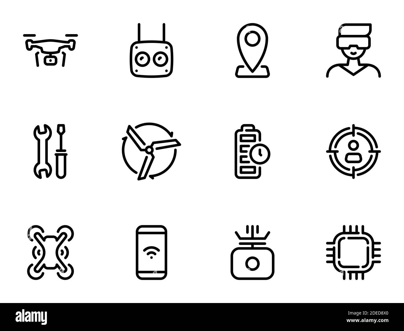 Set di icone vettoriali nere, isolate su sfondo bianco, su tema Drone, per l'intrattenimento e le competizioni Illustrazione Vettoriale