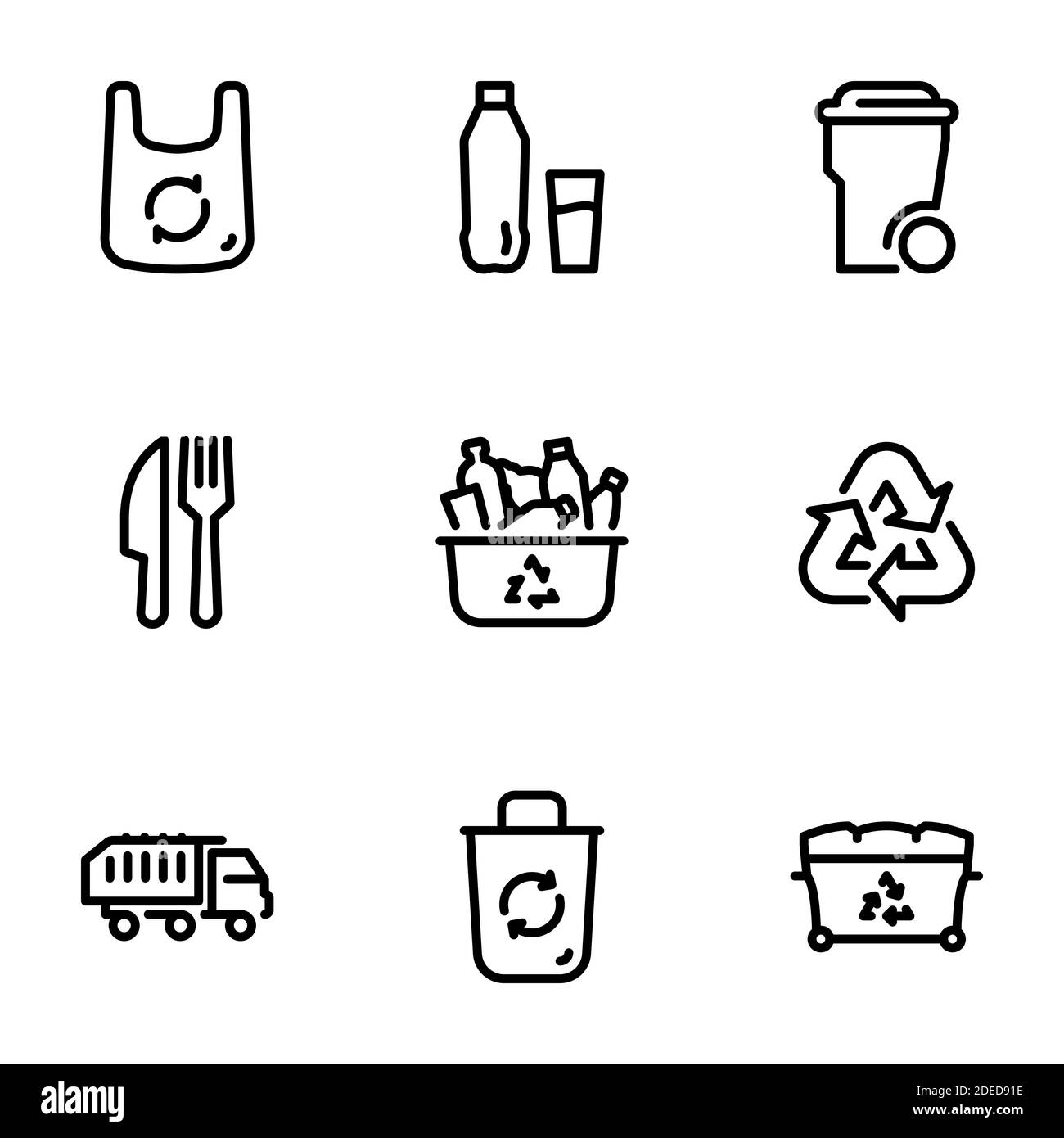 Set di icone vettoriali nere, isolate su sfondo bianco, sul tema riciclaggio e utilizzo di rifiuti di plastica Illustrazione Vettoriale