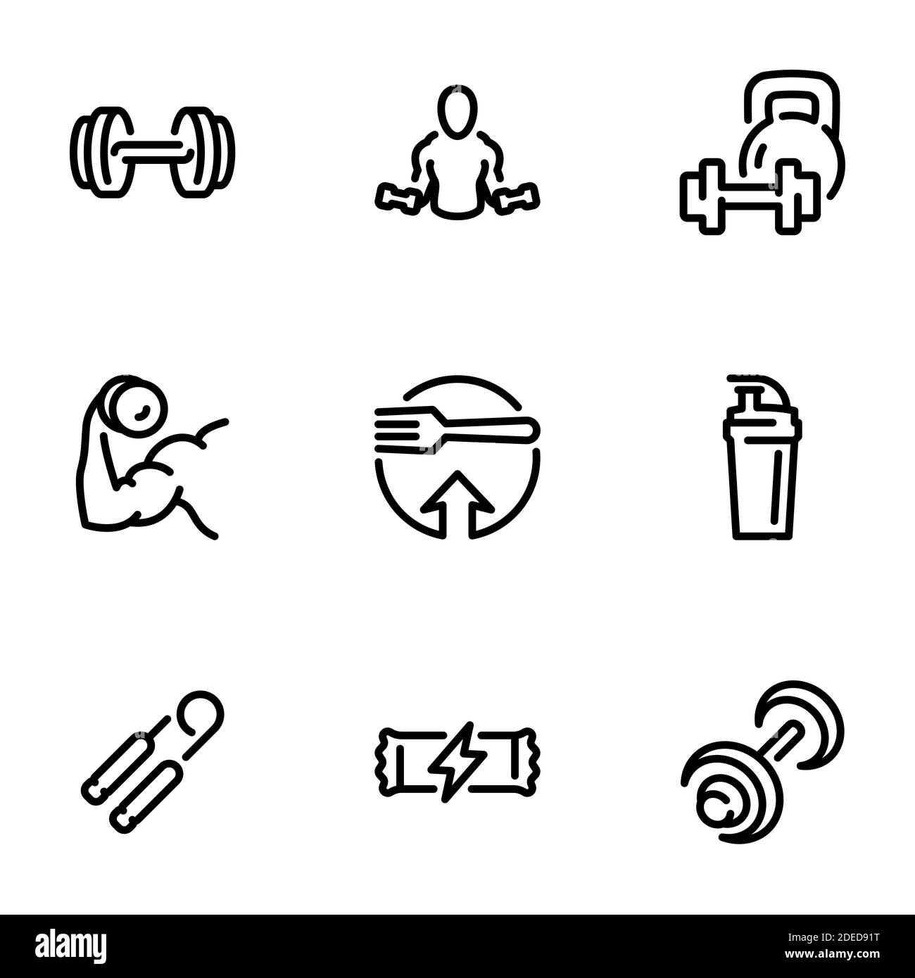 Set di icone vettoriali nere, isolate su sfondo bianco, su tema Bodybuilding, fitness e nutrizione sportiva Illustrazione Vettoriale