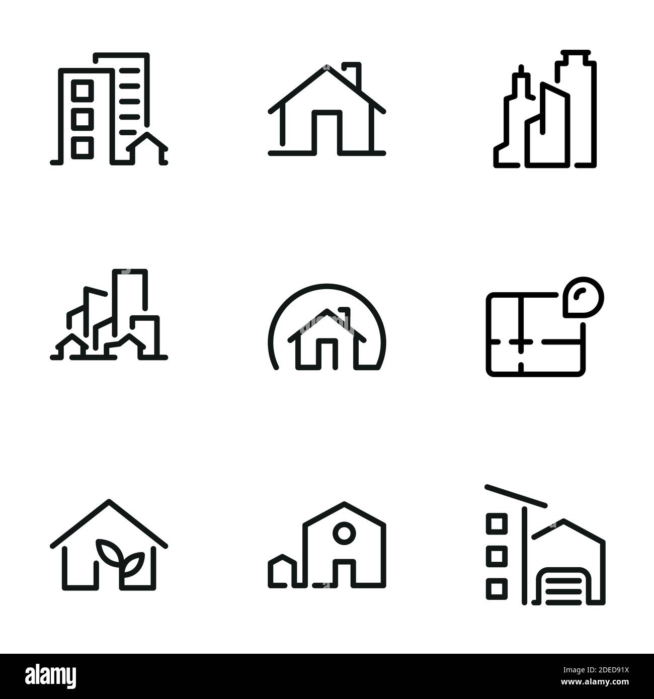 Set di icone vettoriali nere, isolate su sfondo bianco, sul tema Casa, appartamento, ufficio, grattacielo Illustrazione Vettoriale