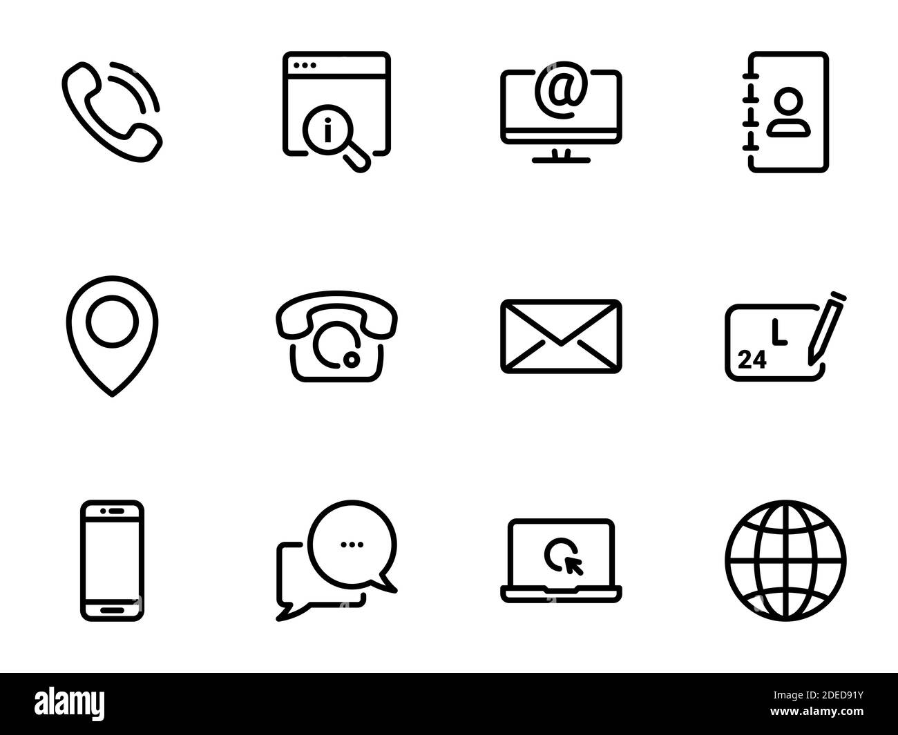 Set di icone vettoriali nere, isolate su sfondo bianco. Illustrazione su un tema Contattaci Illustrazione Vettoriale