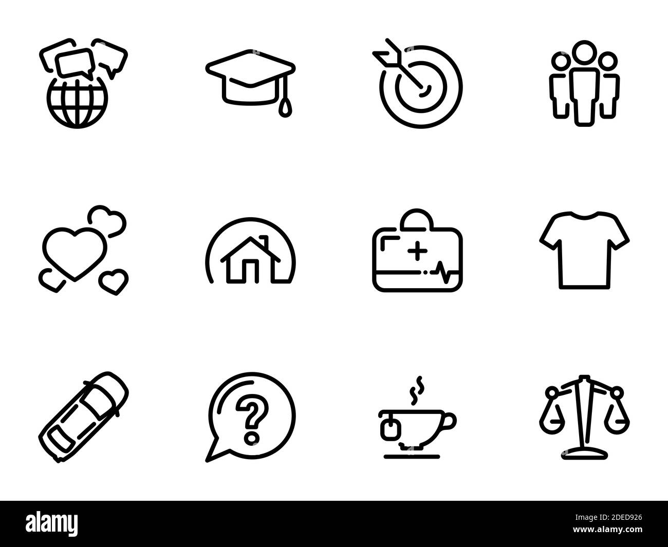Insieme di icone vettoriali nere, isolate su sfondo bianco, sul tema esigenze umane sociali Illustrazione Vettoriale