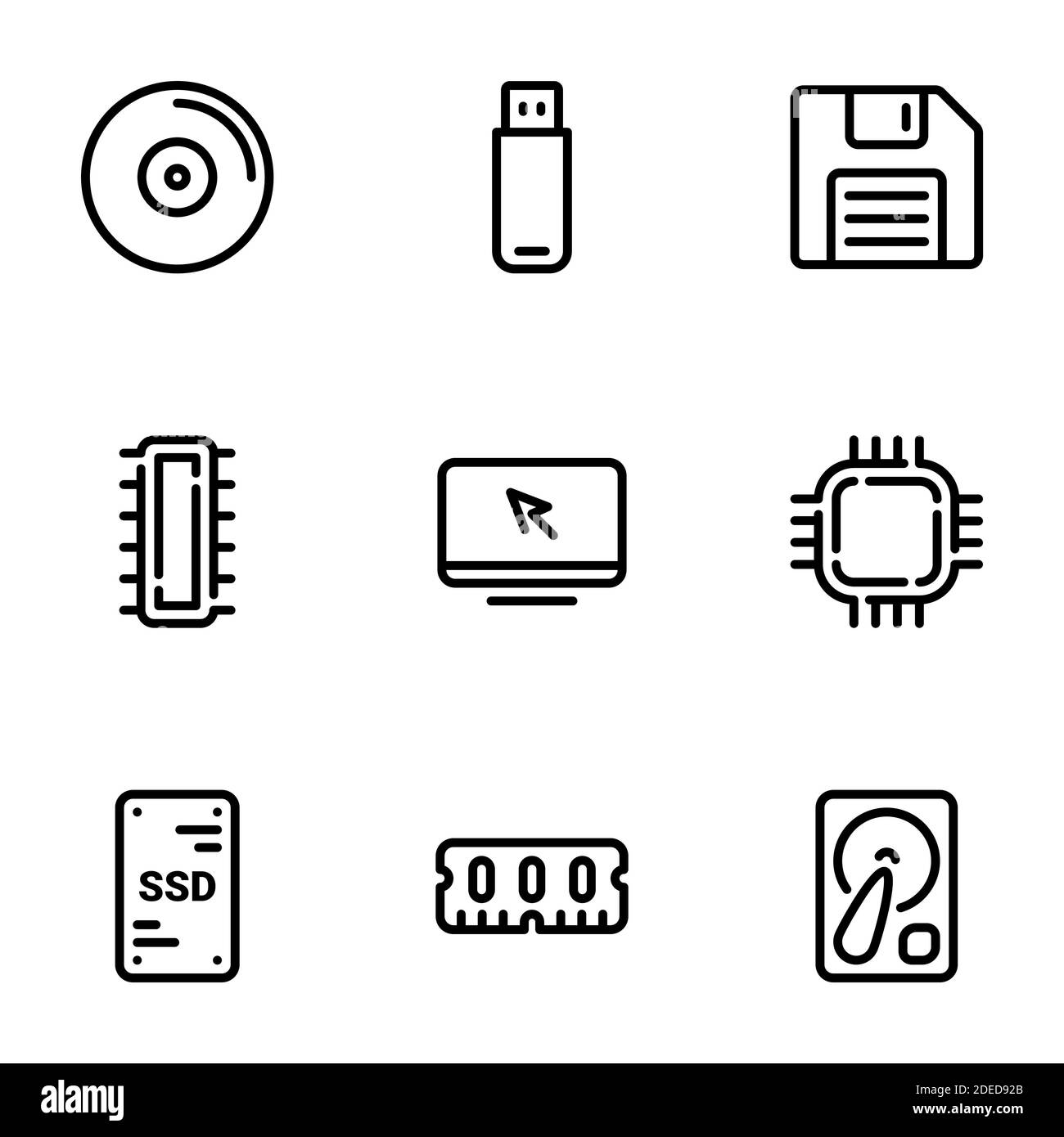 Set di icone vettoriali nere, isolate su sfondo bianco, su tema memoria computer Illustrazione Vettoriale