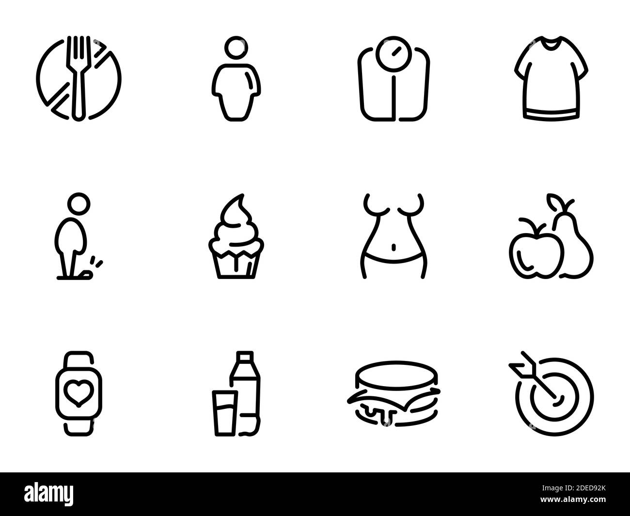 Insieme di icone vettoriali nere, isolate su sfondo bianco, sul tema il problema dell'obesità, perdita di peso e tentazioni Illustrazione Vettoriale