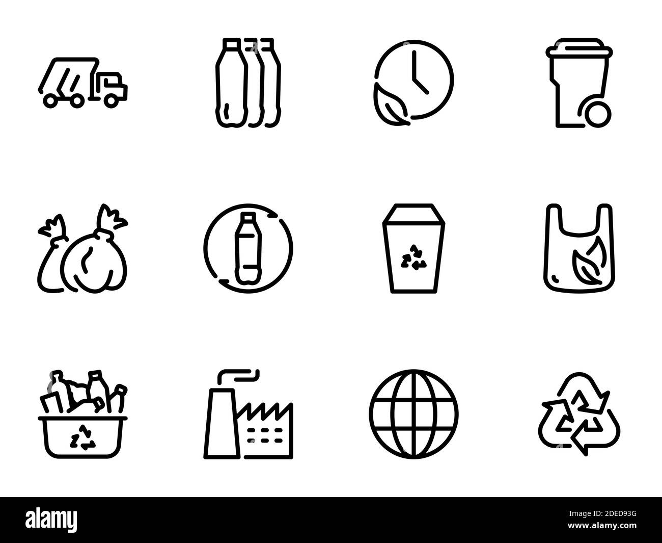 Set di icone vettoriali nere, isolate su sfondo bianco, sul tema riciclaggio e riciclaggio dei rifiuti di plastica Illustrazione Vettoriale