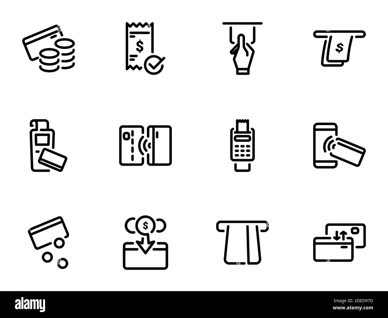 Set di icone vettoriali nere, isolate su sfondo bianco. Illustrazione su un tema pagamenti con carta e contanti Illustrazione Vettoriale