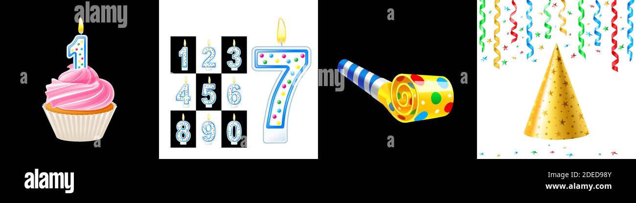 Festa Horn soffiatore, cappello, cupcake, candele di compleanno Illustrazione Vettoriale
