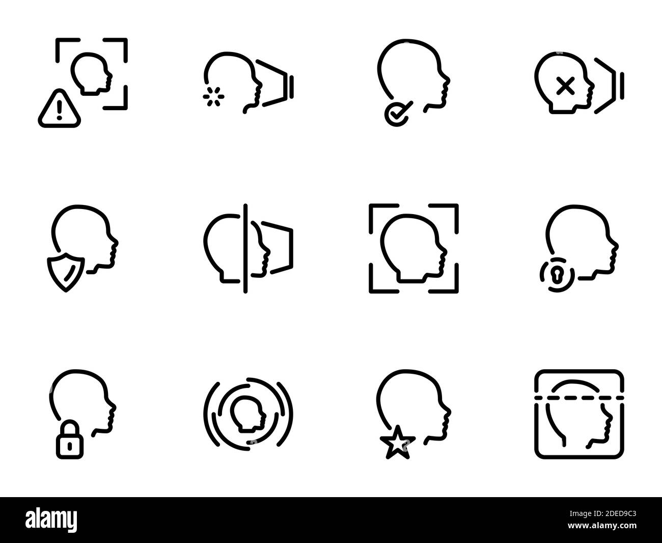 Set di icone vettoriali nere, isolate su sfondo bianco. Illustrazione su un tema riconoscimento del volto Illustrazione Vettoriale