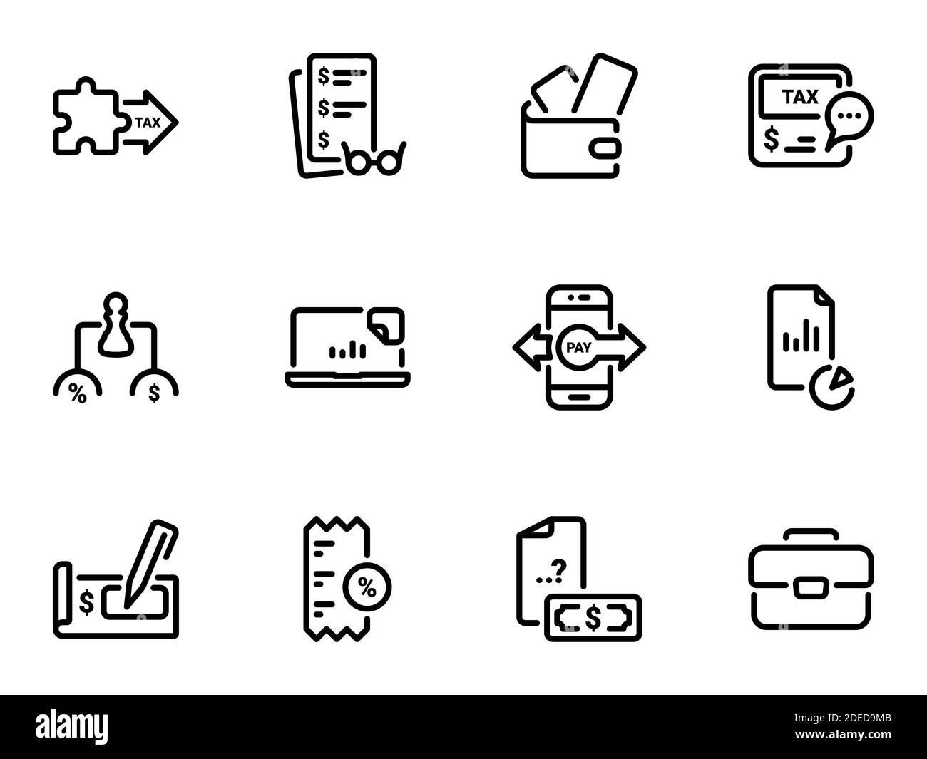 Set di icone vettoriali nere, isolate su sfondo bianco. Illustrazione su un tema Strumenti fiscali e Pagamenti Illustrazione Vettoriale