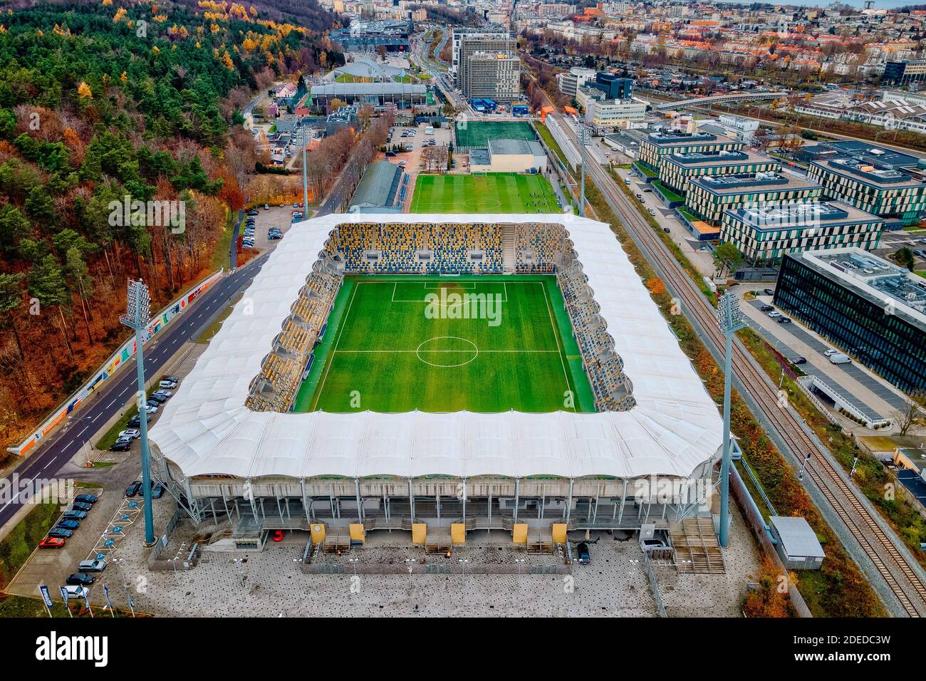 Panorama di Gdynia con vista sullo stadio di calcio Foto Stock