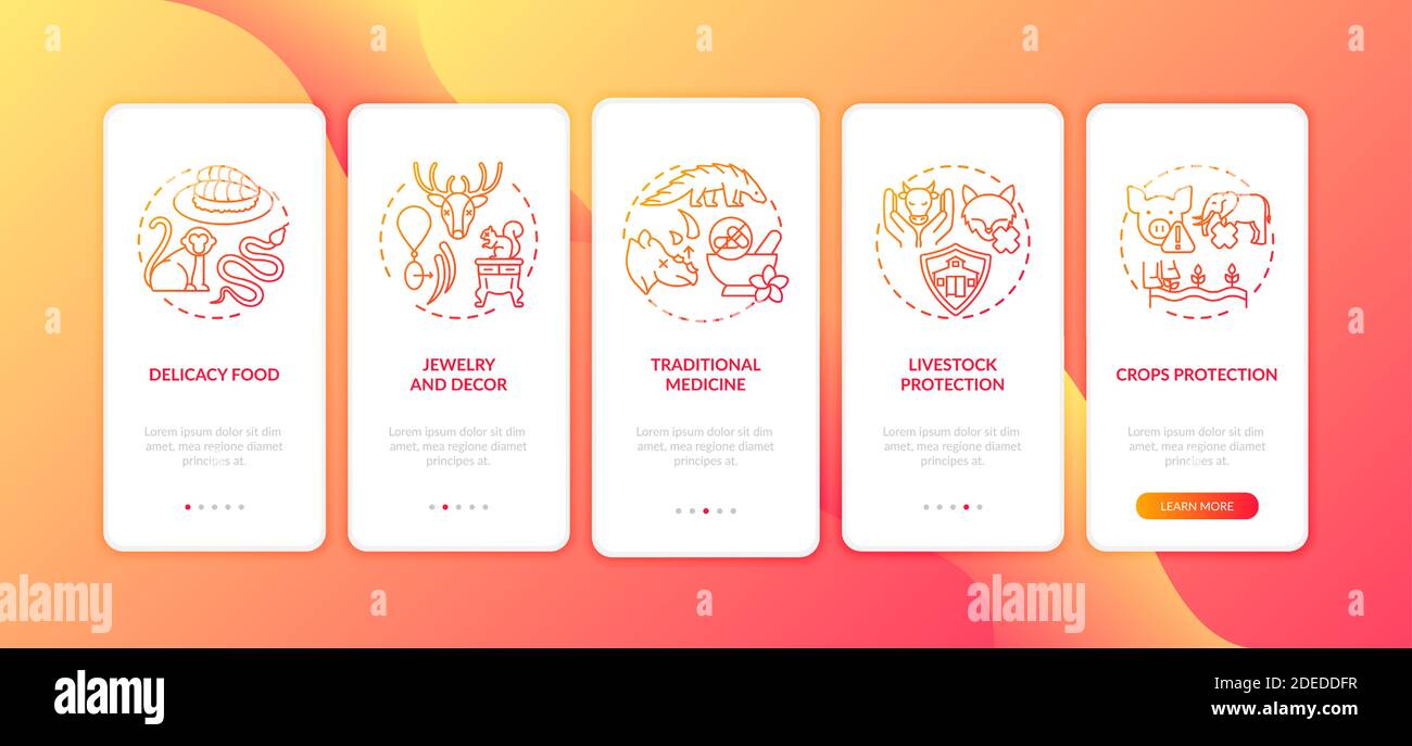 Schermata della pagina dell'app mobile di onboarding per animali crudelty con concetti Illustrazione Vettoriale