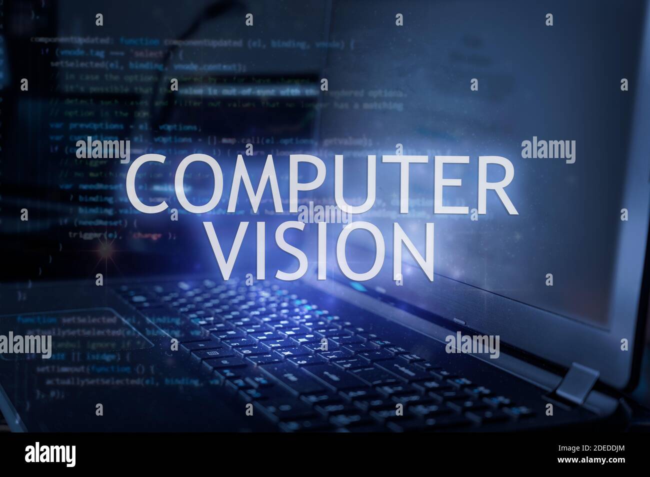 Iscrizione della visione del computer su laptop e sfondo del codice. Concetto di tecnologia Foto Stock