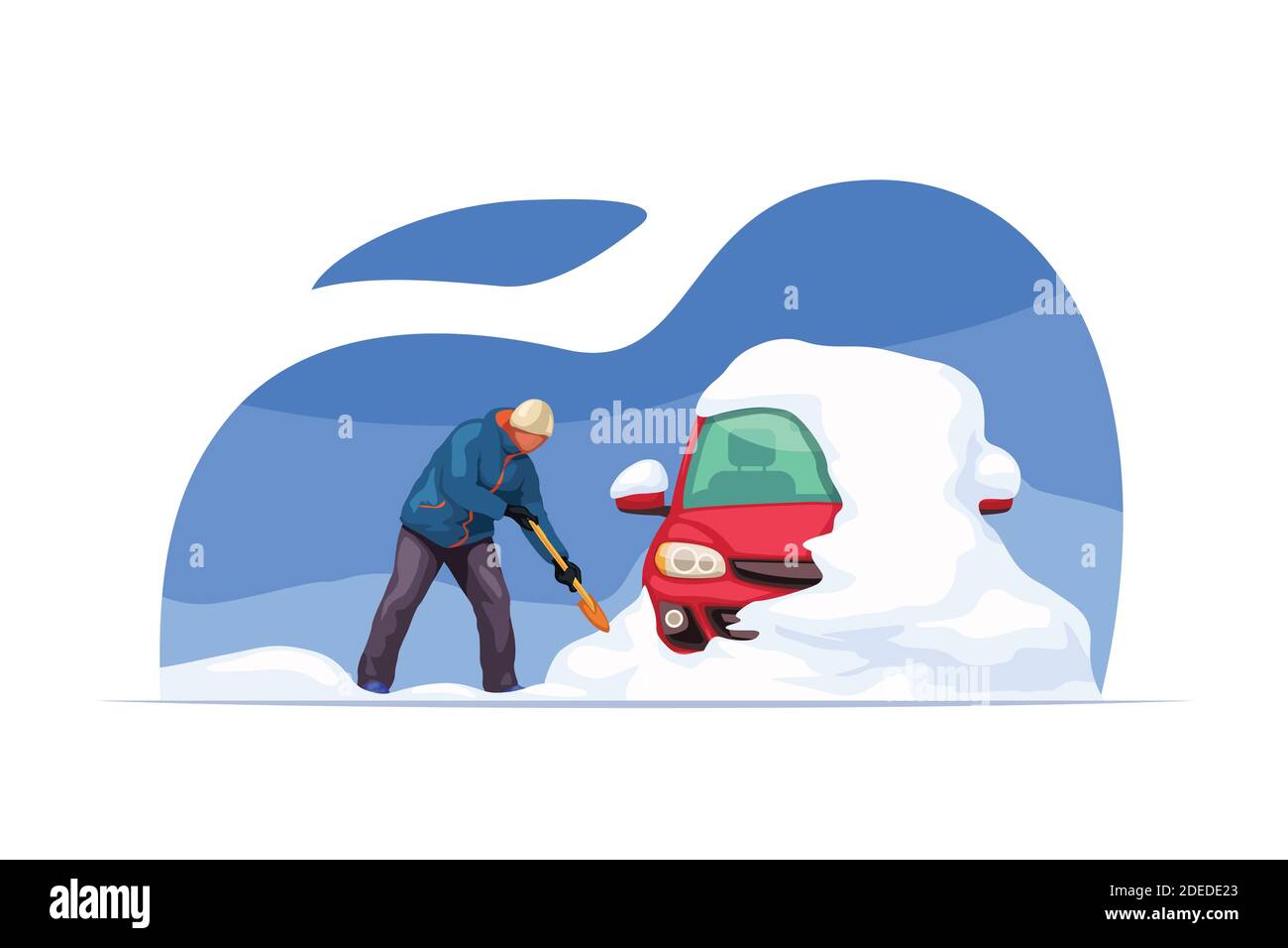 uomo che pulisce la neve dall'automobile usando la pala Illustrazione Vettoriale