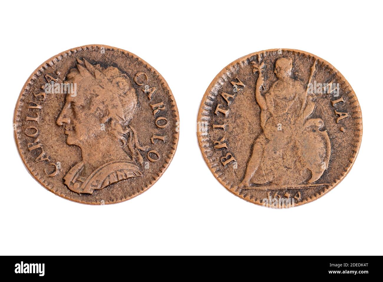 Vecchie monete antiche d'epoca Re Carlo II una Farthing Moneta di rame Britannia patrono del Britan Britain 1674 Foto Stock