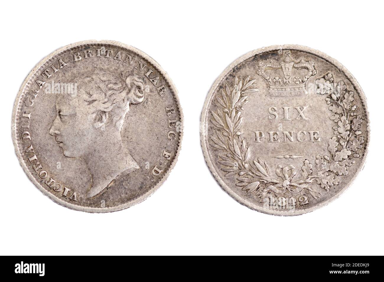 Vecchia moneta britannica Queen Victoria sei 6 pence argento 1842 corona Foto Stock