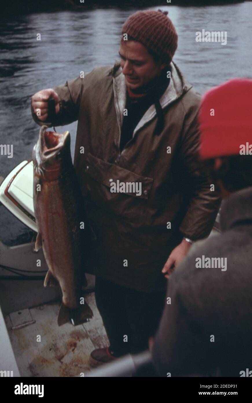 Foto degli anni '70 (1973) - il pescatore mostra trote di buone dimensioni catturate sul fiume Skagit vicino al cemento. Lo Skagit offre la pesca sportiva durante tutto l'anno, con la migliore pesca nei mesi invernali." Foto Stock