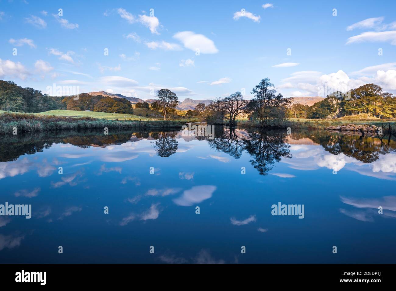 Paesaggio inglese, riflessi nel lago Elterwater vicino Skelwith Bridge nella Valle di Langdale nel Distretto dei Laghi Inglesi Foto Stock