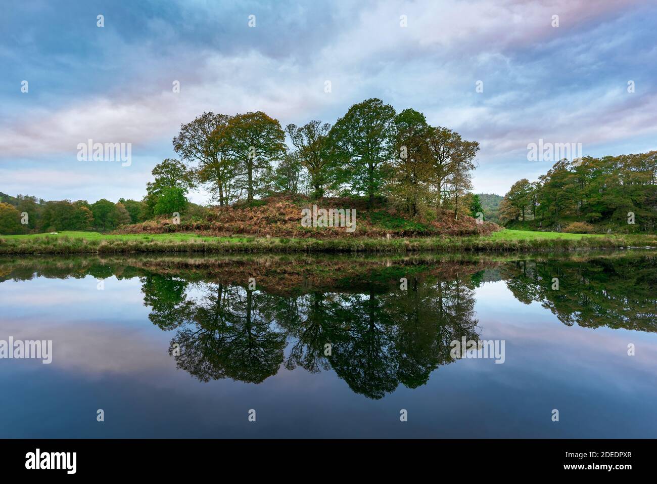 Paesaggio inglese, riflessi nel lago Elterwater vicino Skelwith Bridge nella Valle di Langdale nel Distretto dei Laghi Inglesi Foto Stock