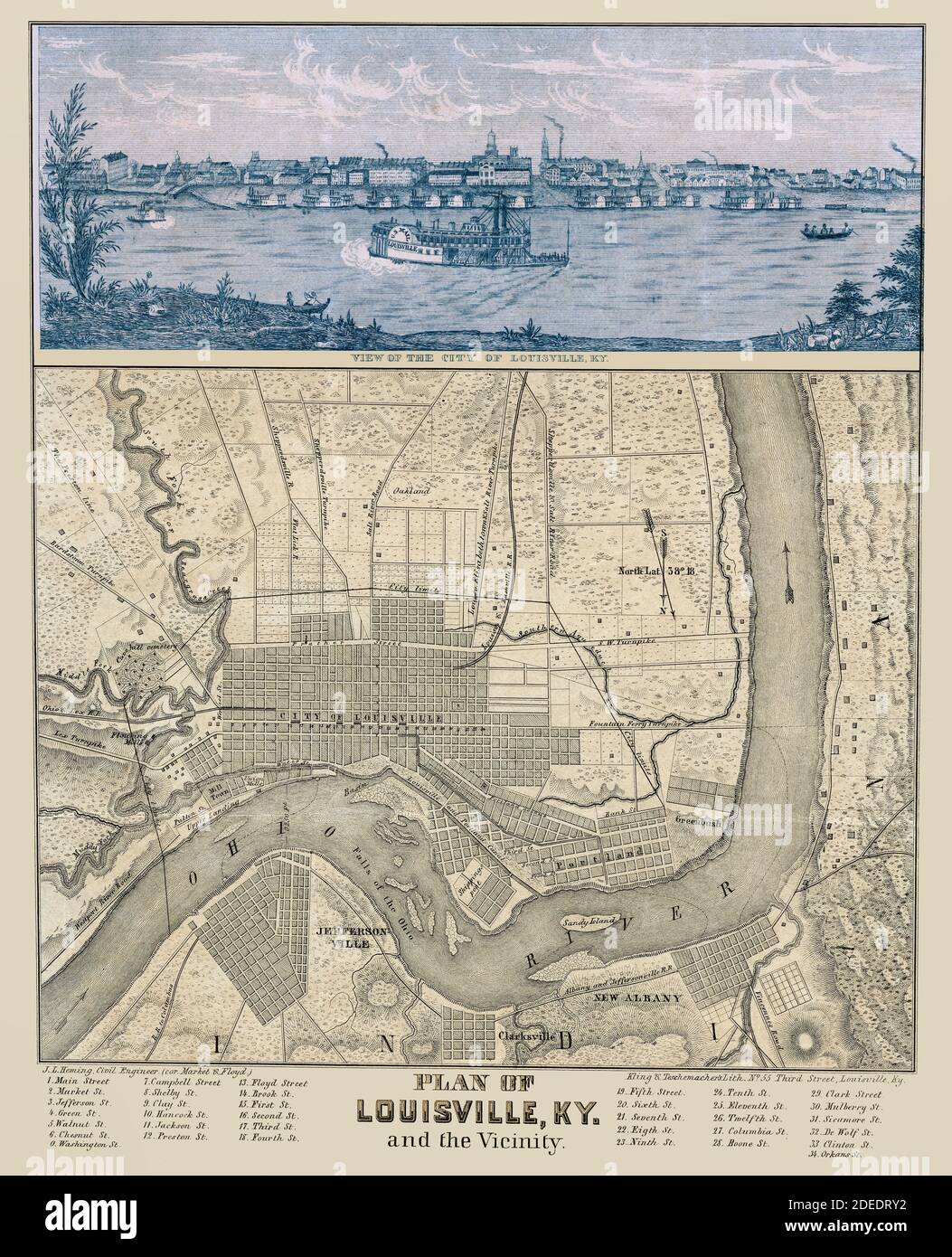 Vecchia mappa di Louisville, Kentucky, dal 1870 circa. Mostra la comunità circostante e il fiume Ohio. Si tratta di una riproduzione migliorata e restaurata di una vecchia mappa. Presenta un'immagine panoramica di tonalità blu della città e del fiume Ohio. Foto Stock