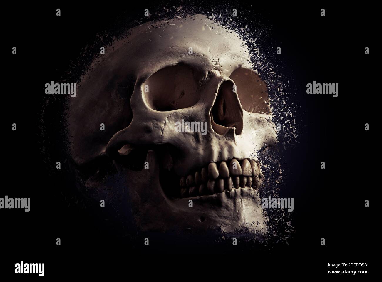 cranio umano che si disintegra con frammenti che esplodono via Foto Stock