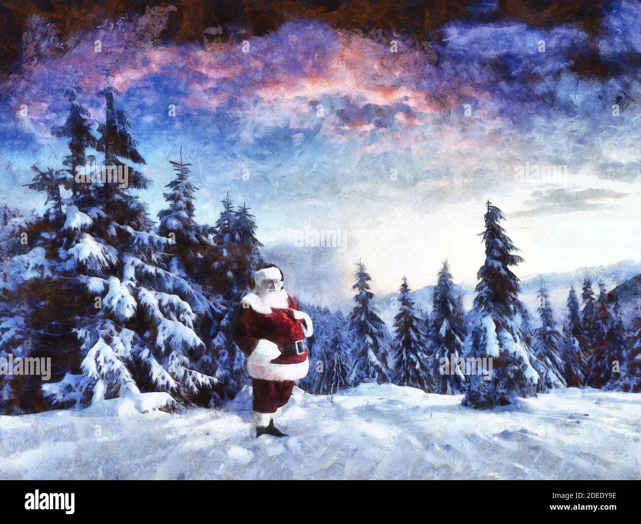 Babbo Natale sullo sfondo di un paesaggio invernale. Opere artistiche su un tema natalizio Foto Stock