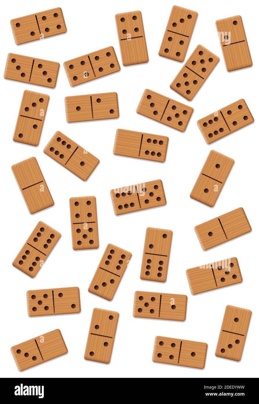 Dominos, sparso, mischiato, mescolato in su, insieme disordinato lasco di 28 mattonelle di legno - illustrazione su sfondo bianco. Foto Stock