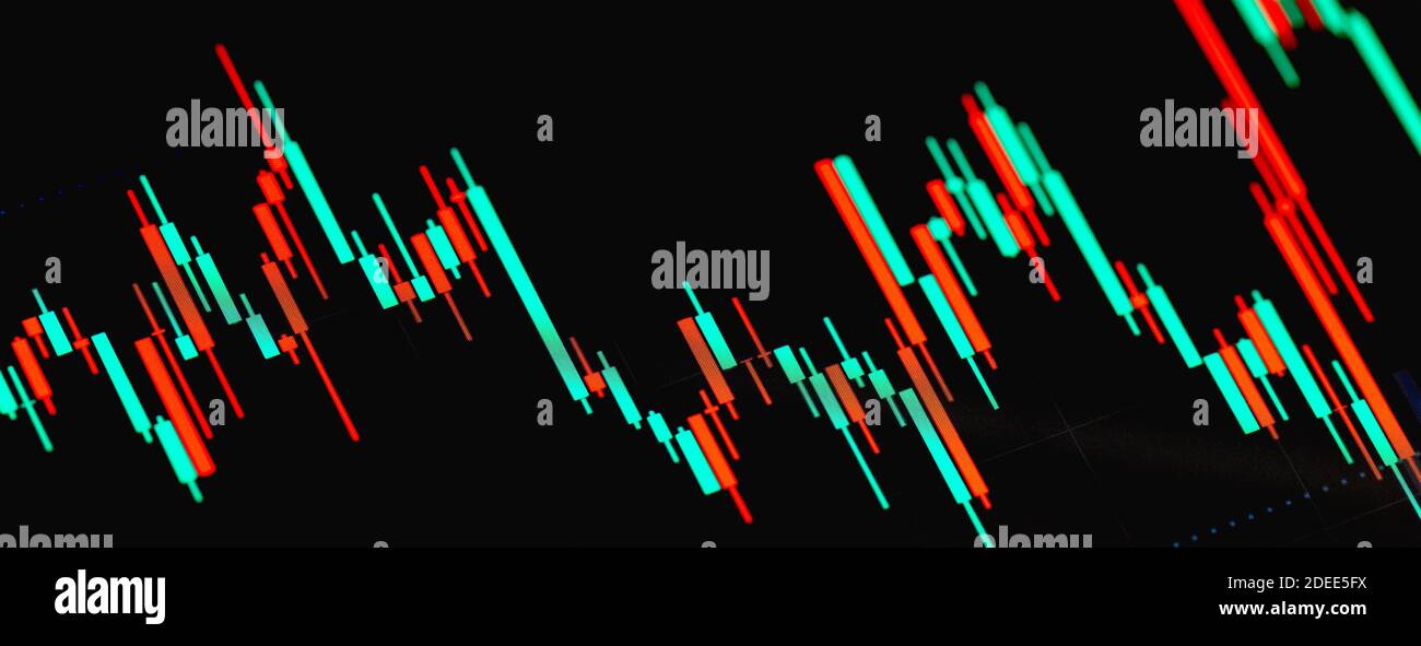 Borsa candlestick grafico macro, closeup, giorno trading abstract. Candele bastoni su schermo da vicino, analisi tecnica business Foto Stock