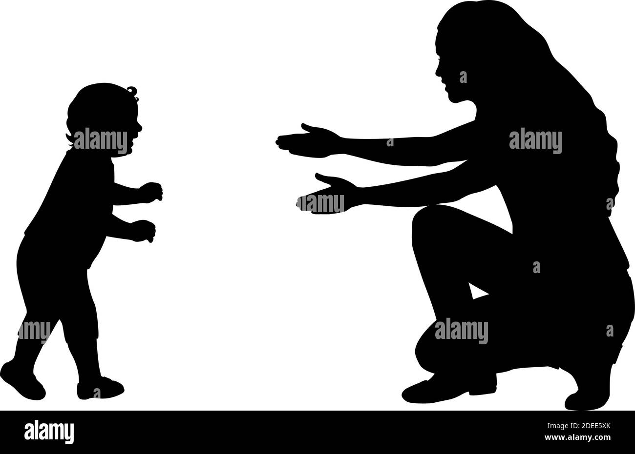 Silhouette di piccolo figlio che prende i primi passi verso la madre. Icona del simbolo dell'illustrazione Illustrazione Vettoriale