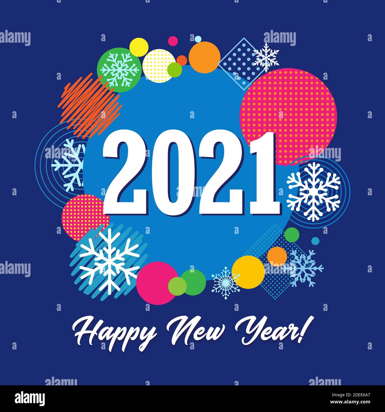 2021 UN felice anno nuovo congrats concetto. Logotipo di stile geometrico. Modello grafico isolato astratto. Cifre bianche, testo, set di vigilia decorativa Illustrazione Vettoriale