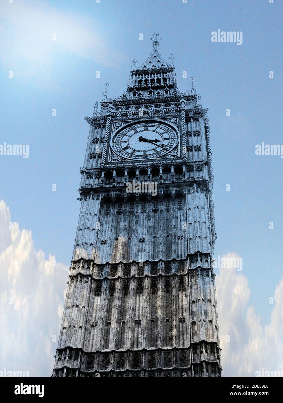 Big ben AKA la Grande Campana dell'impressionante orologio, estremità nord del Palazzo di Westminster, Londra questa illustrazione immagina la torre come fatta di vetro Foto Stock