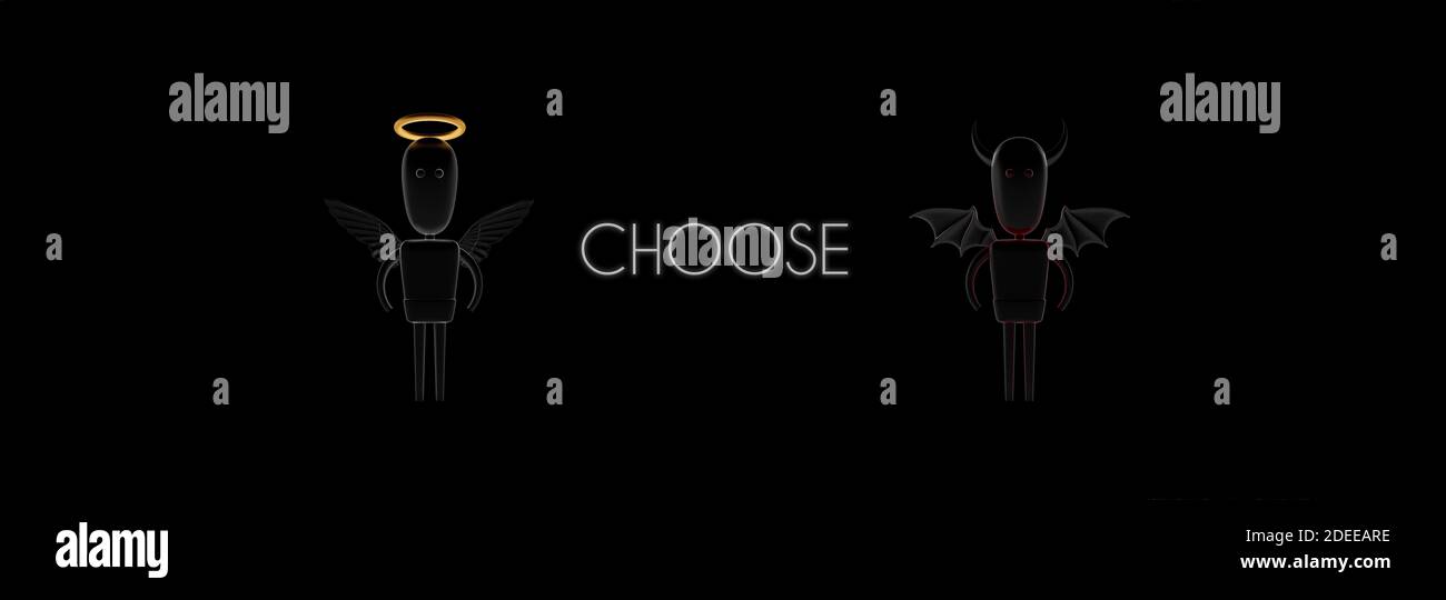 Angel e diavolo personaggio divertente. Scegliere il concetto buono o cattivo su sfondo nero rappresentazione 3d illustrazione Foto Stock