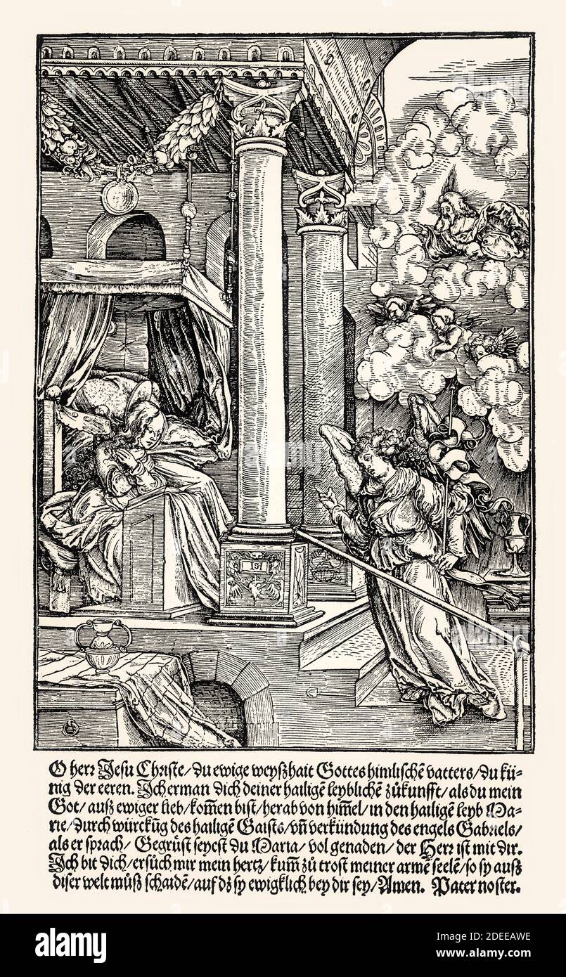 Annunciazione alla Beata Vergine Maria, XVI secolo, Hans Leonhard Schäufelein, restaurata digitalmente Foto Stock