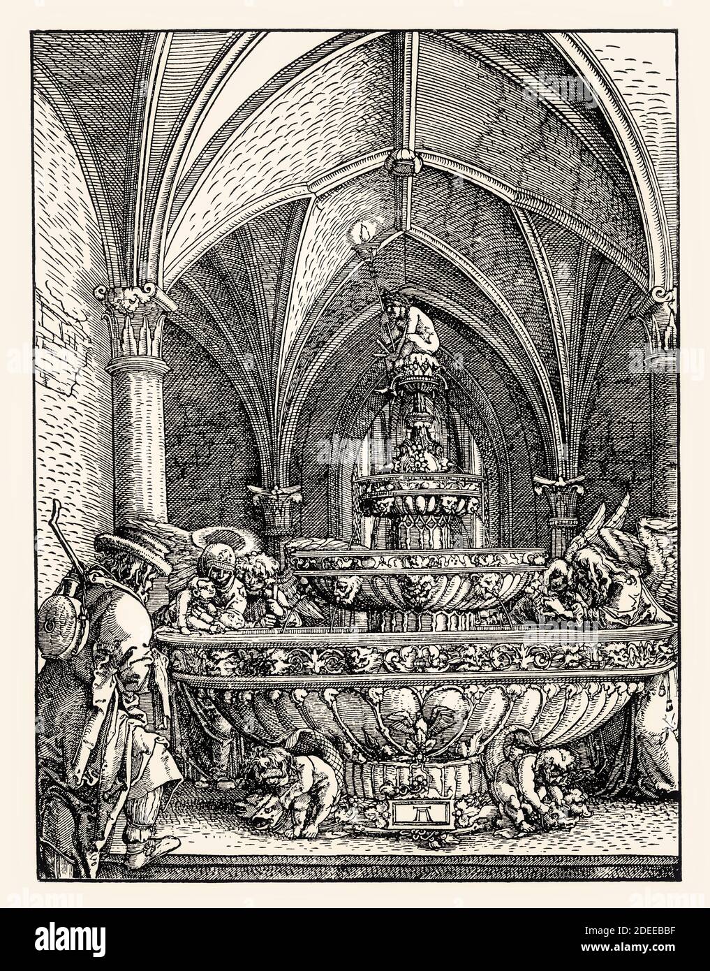 La Sacra Famiglia alla fontana, fuga in Egitto, Albrecht Altdorfer, 16 ° secolo, restaurato digitalmente Foto Stock