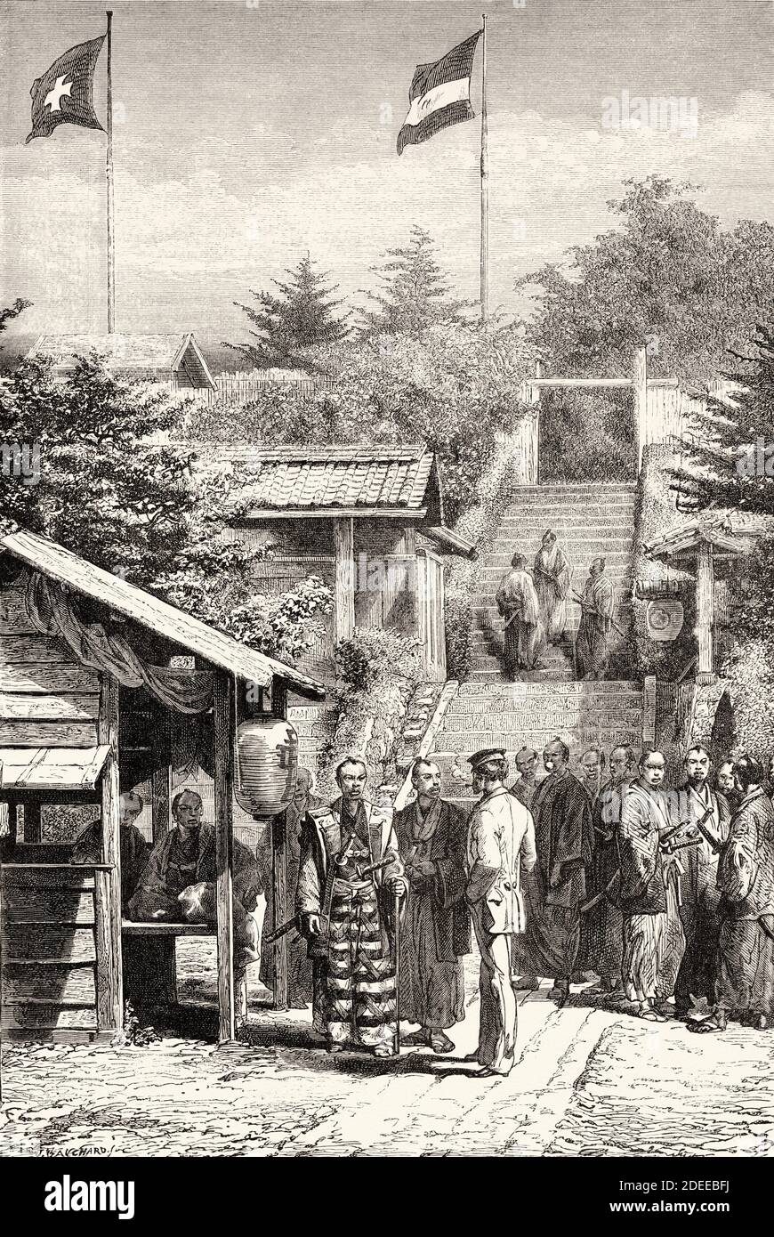 Guardie della Legazione Svizzera, Tokyo. Giappone. Vecchio 19 ° secolo inciso illustrazione viaggio in Giappone di Aime Humbert da El Mundo en la mano 1879 Foto Stock