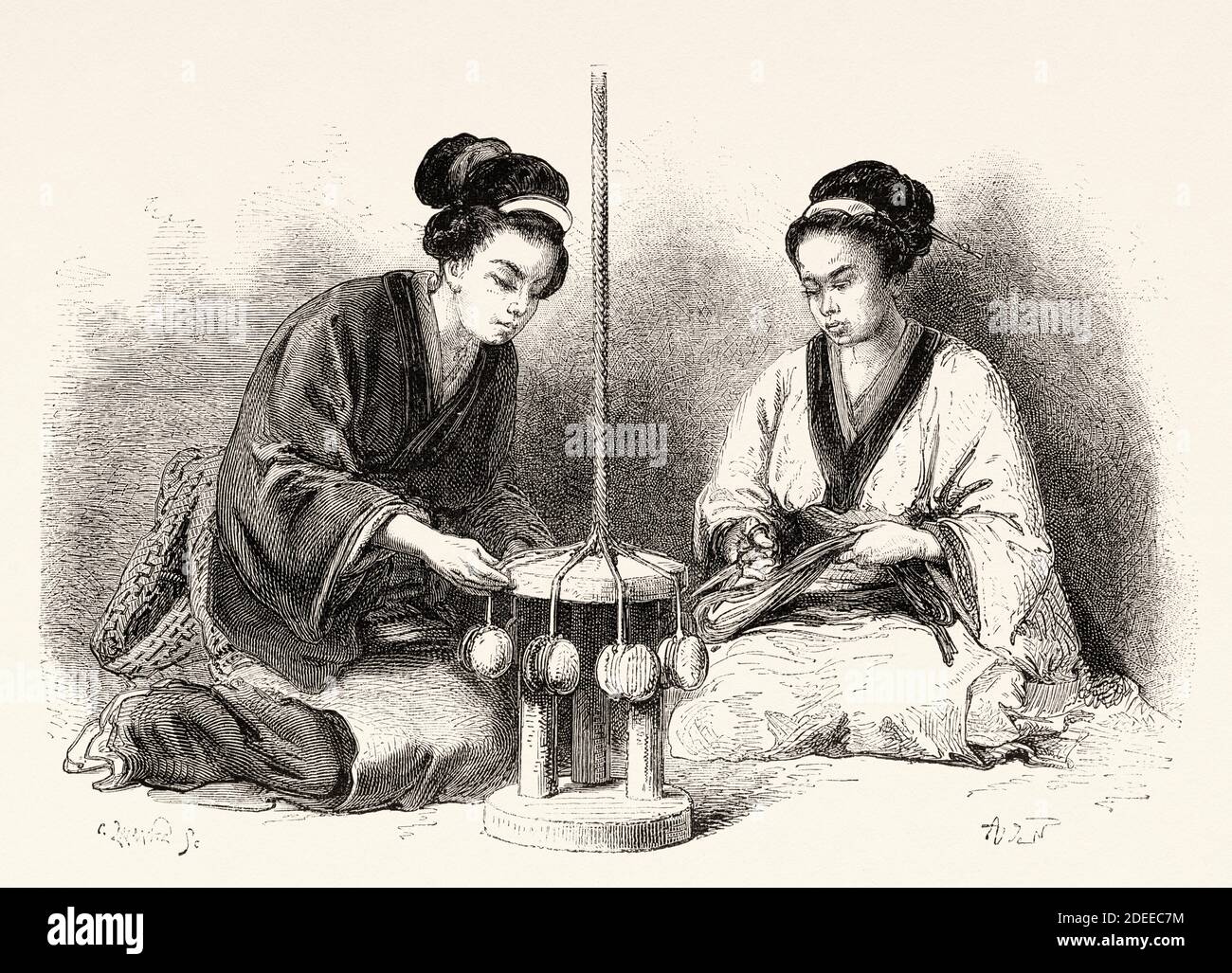Donne che intrecciano corde di seta, Giappone. Vecchio 19 ° secolo inciso illustrazione viaggio in Giappone di Aime Humbert da El Mundo en la mano 1879 Foto Stock