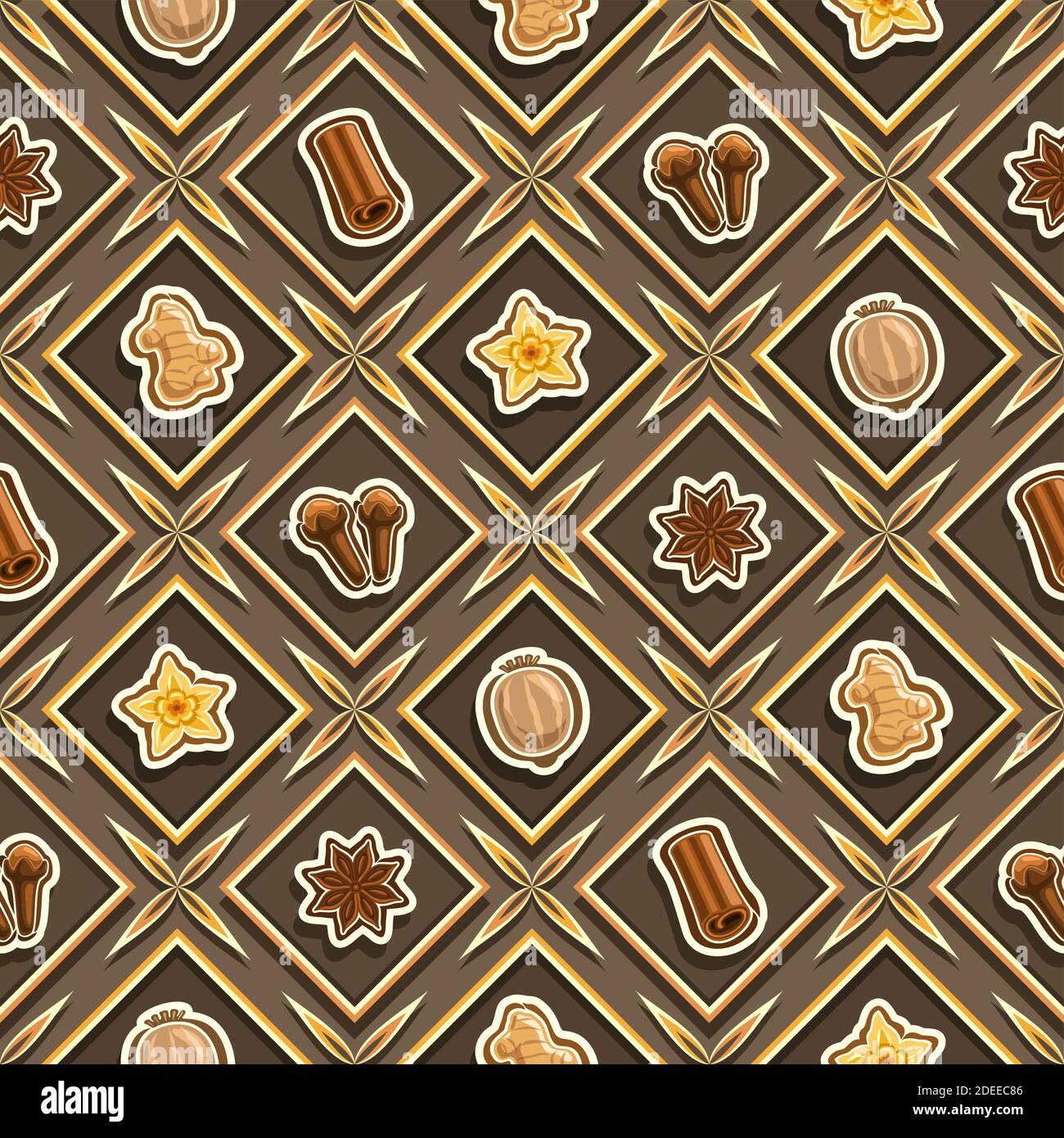 Modello senza giunture di spezie vettoriali, sfondo di spezie quadrate che si ripetono, illustrazioni isolate di spezie esotiche su sfondo marrone, laccio senza giunture di diamante Illustrazione Vettoriale