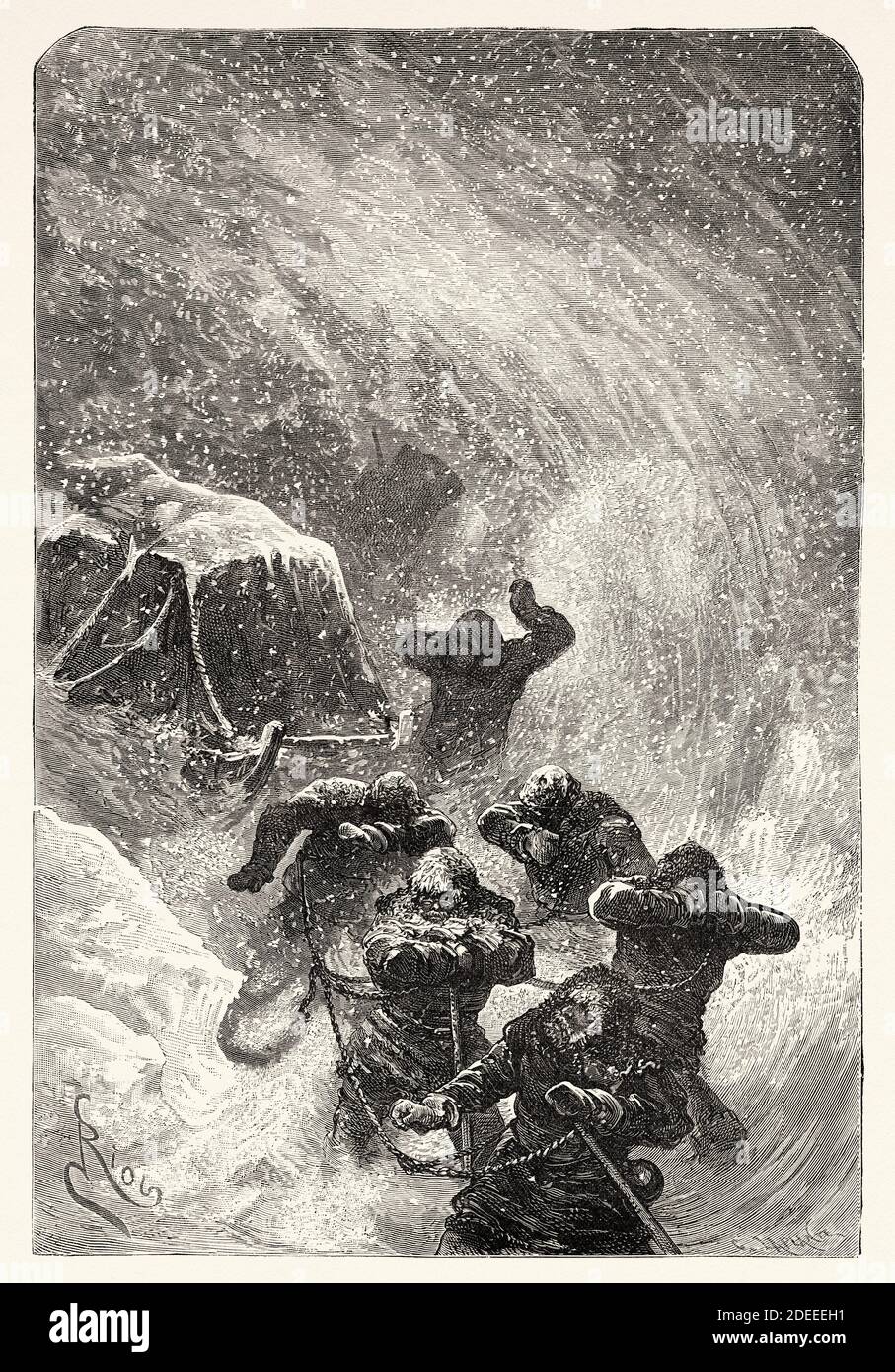 Membri della North Polar Expedition, catturati in una tempesta di neve. Antica illustrazione incisa del 19 ° secolo. Seconda spedizione tedesca di North Polar nel 1869 da El Mundo en la mano 1879 Foto Stock